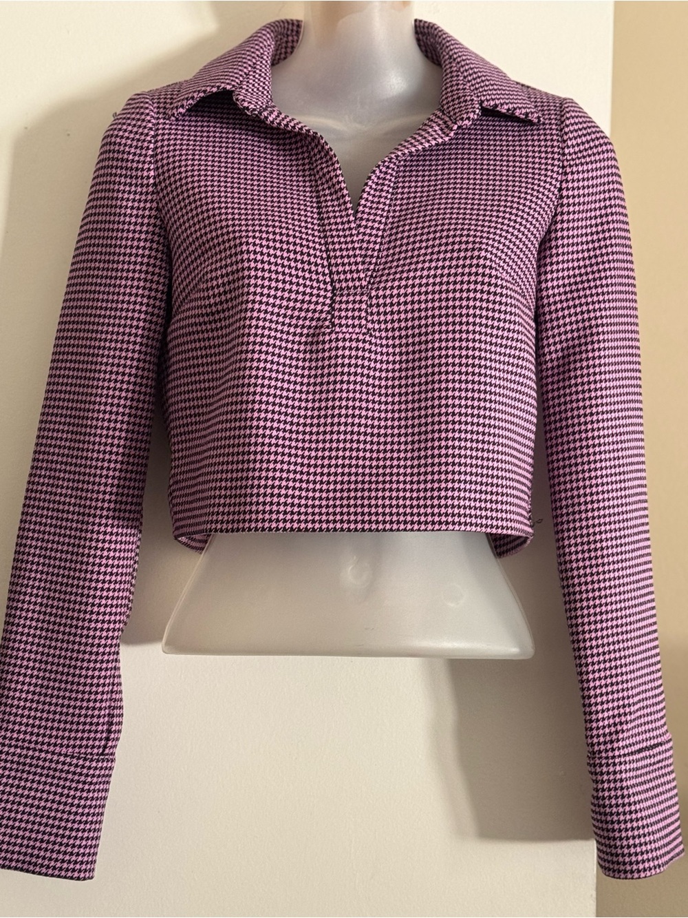 Zara Cropped Pink Houndstooth Polo Top